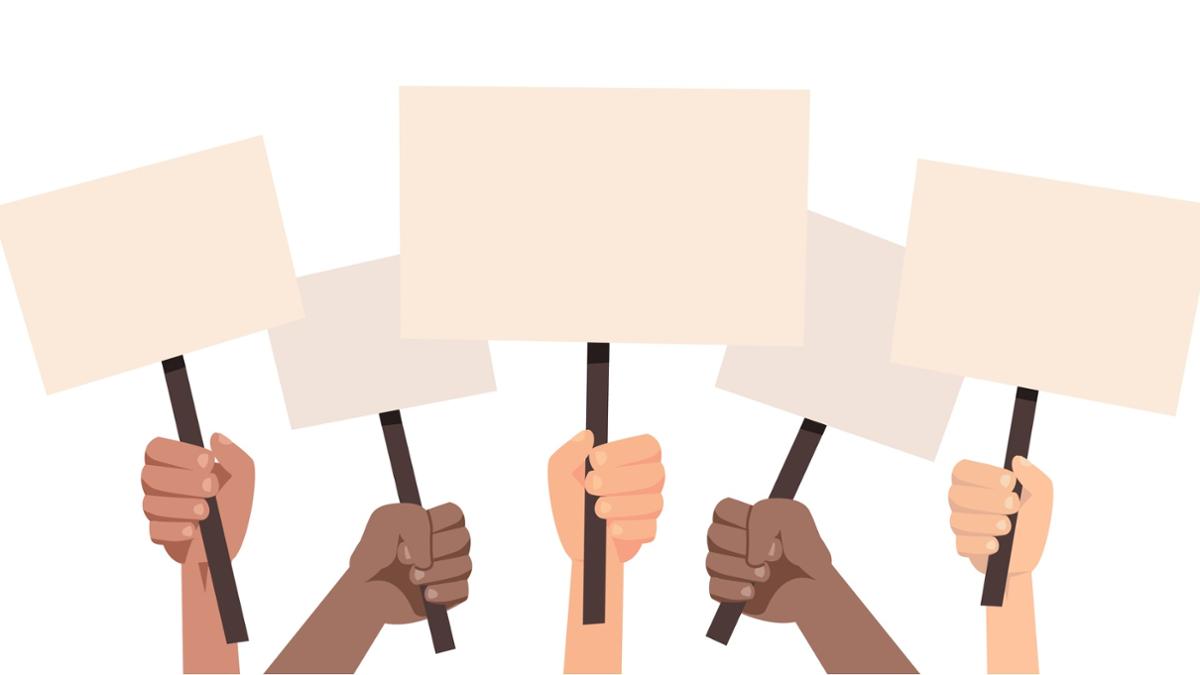 People holding placards isolated on white background