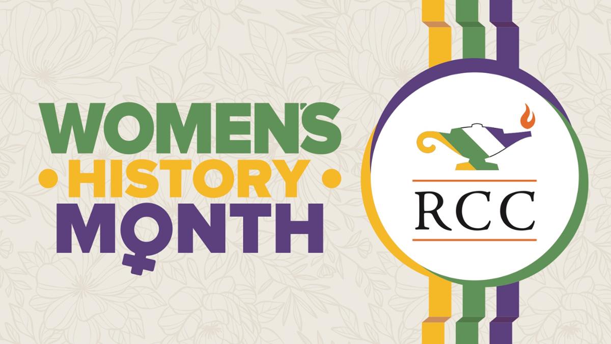 Women's History Month with flowers in background. Green, yellow and purple writing