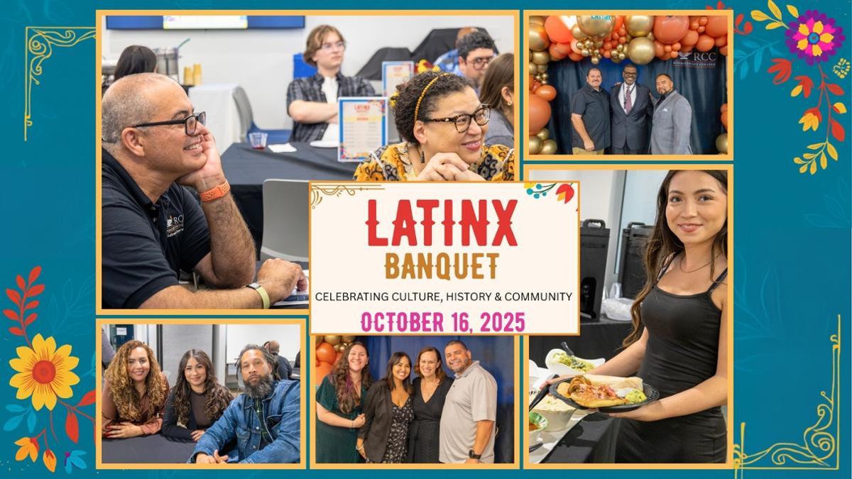Collage of photos from RCC’s Latinx Banquet showing attendees socializing and smiling. Center text reads ‘Latinx Banquet: Celebrating Culture, History & Community - October 16, 2025’ on a blue and gold background with floral accents.
