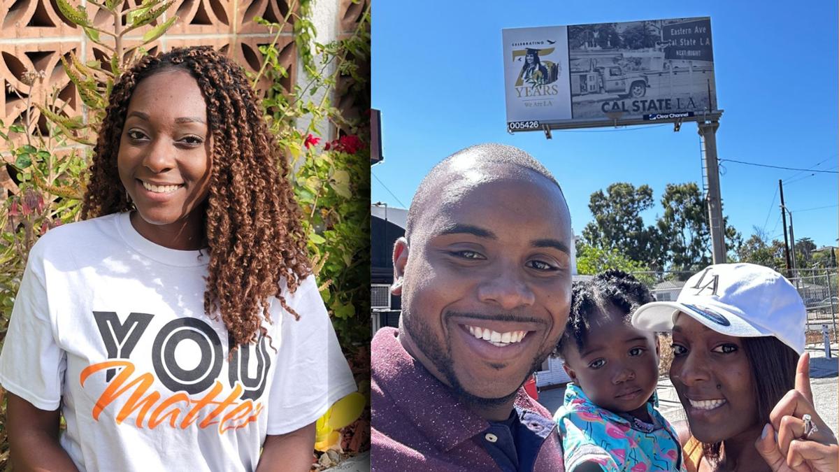 olympia and olympia and her family pointing to her designed billboard