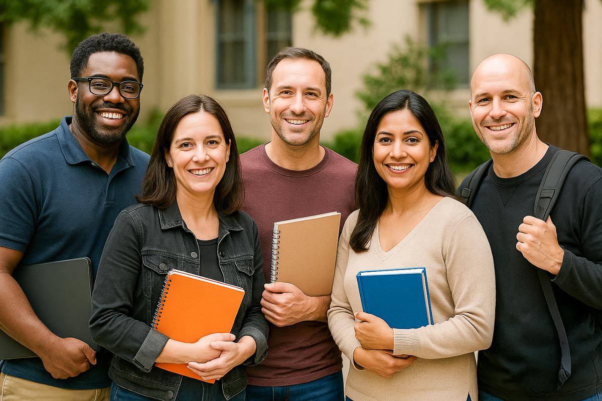 Older diverse students smiling at the camera