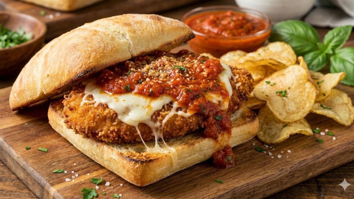 Chicken parmesan sandwich on a toasted roll with marinara sauce and melted mozzarella, served with potato chips on a wooden board.
