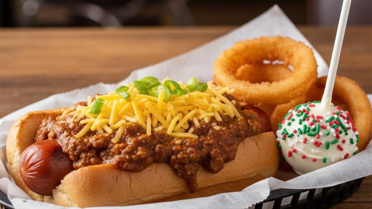 Chili cheese hot dog topped with shredded cheddar, served with onion rings and a frosted cupcake on a wooden surface.