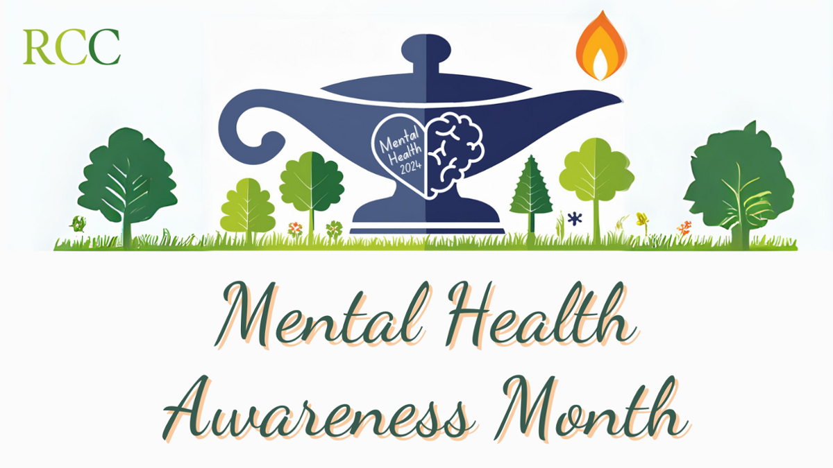 RCC Lamp of learning in blue and green with trees around. Mental Health Awareness Month written underneath