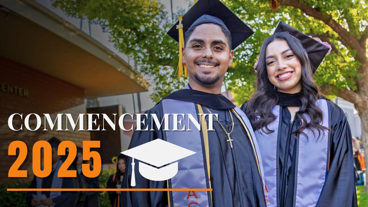 Two RCC graduates in cap and gown smile for a photo under a sunny tree. Overlaid text reads "Commencement 2025" with a graduation cap icon and orange underline.