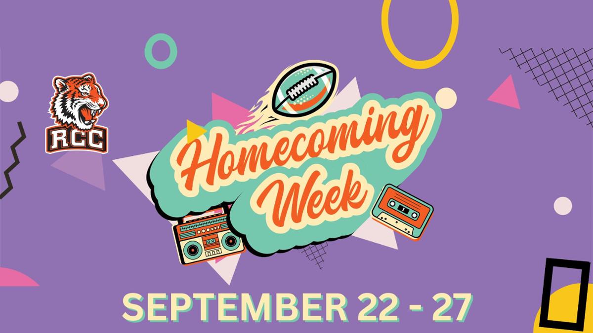 Riverside City College Homecoming Week, September 22–27. Retro themed banner with football, cassette tapes, and boom box on purple background.