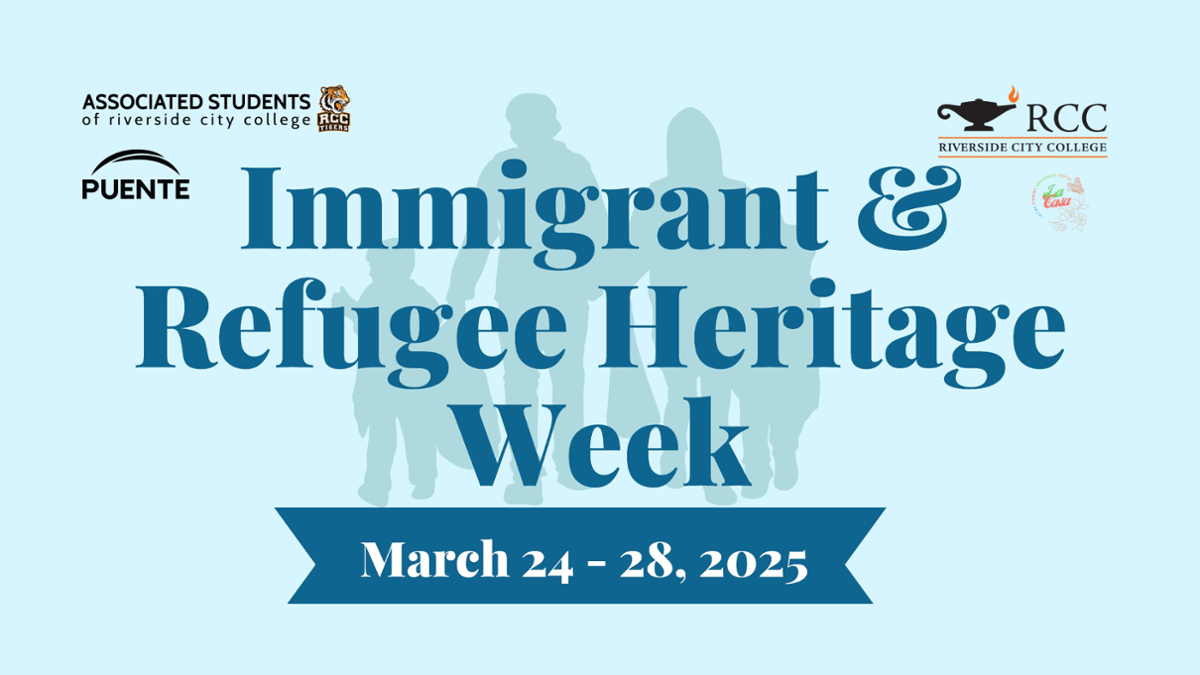 Immigrant and Refugee Heritage Week graphic with blue background, offset blue family behind text, logos for RCC college, ASRCC, La Casa, Puente