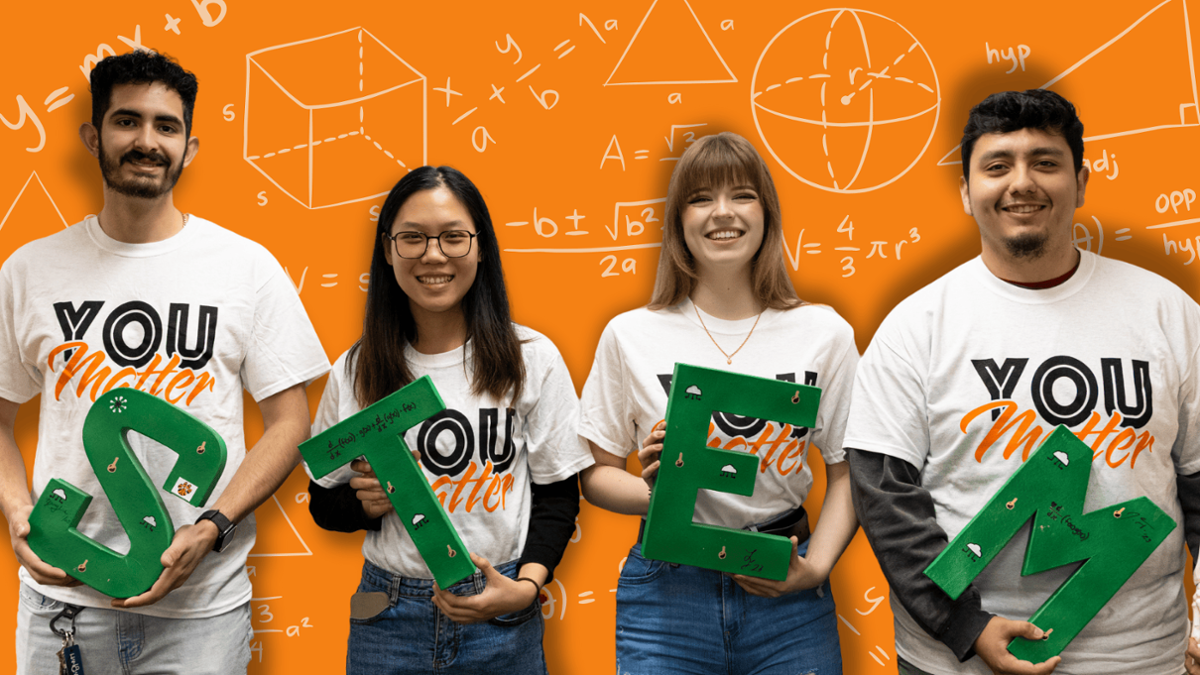 Four smiling students wearing white “You Matter” shirts stand against an orange STEM-themed background with math and geometry illustrations. Each holds a large green letter spelling “STEM.”