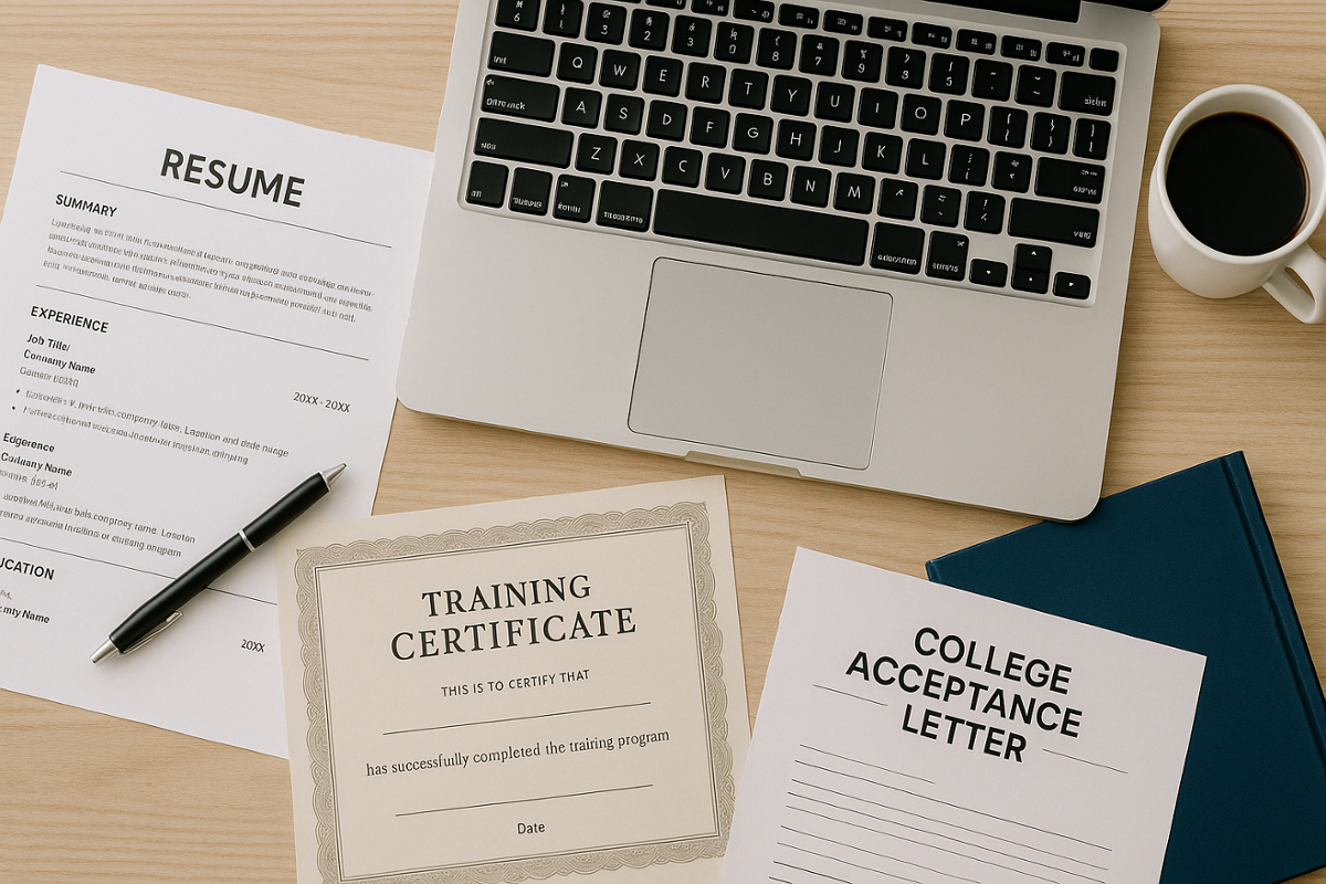 Documents on a table with a computer